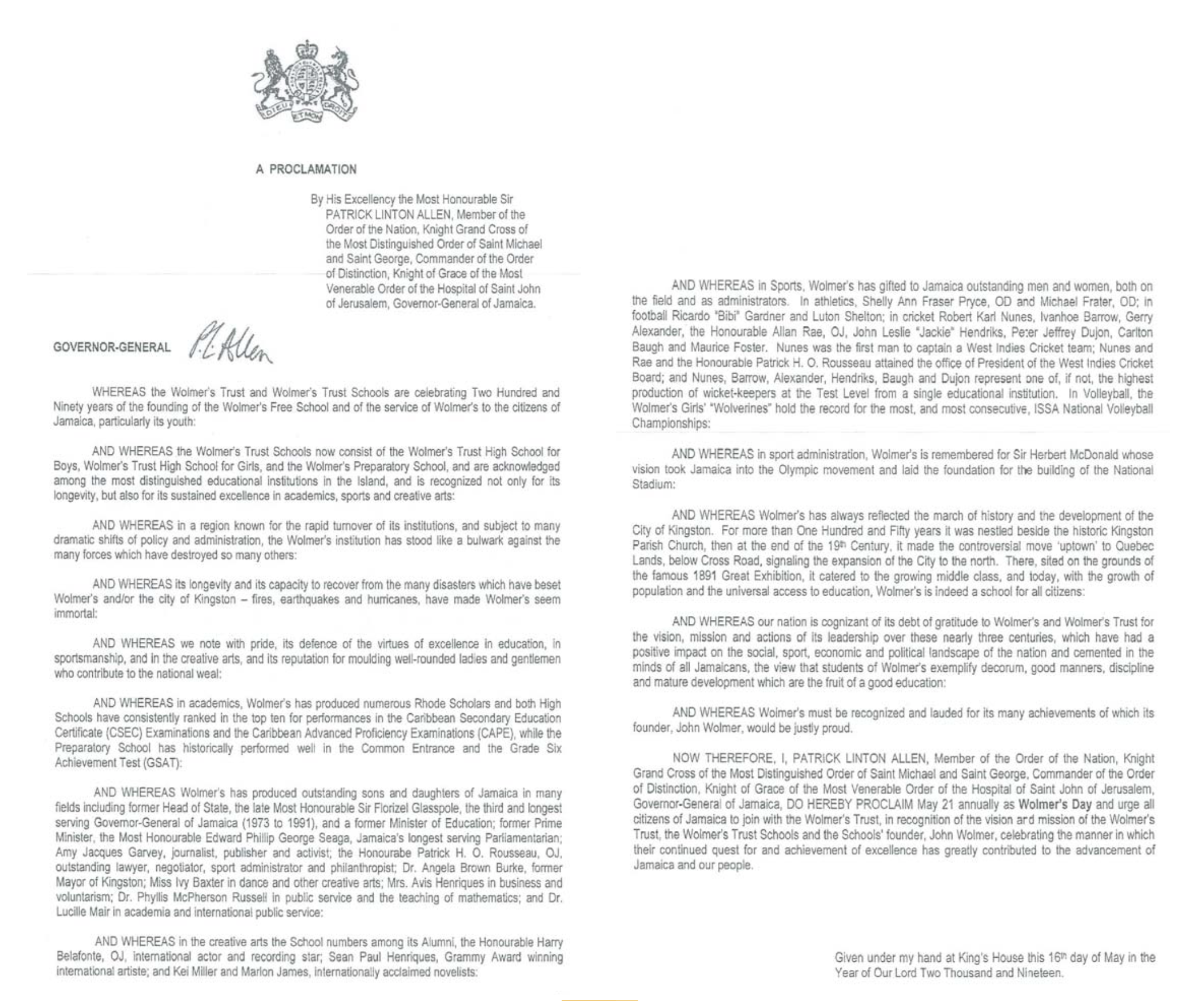 The signed Wolmer’s Day proclamation, 16 May 2019