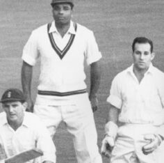Gerry Alexander, right, with Clyde Walcott. England batsman Tom Graveney is making a run, Oval, 1957. Photograph: Central Press/Hulton Archive / The Guardian