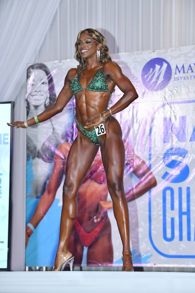 Island Body Fitness athlete Monique Trenchfield at the JABBFA National Senior Championship at Wolmer’s Boys’ School, 15 August 2026. Photo: Jamaica Observer.