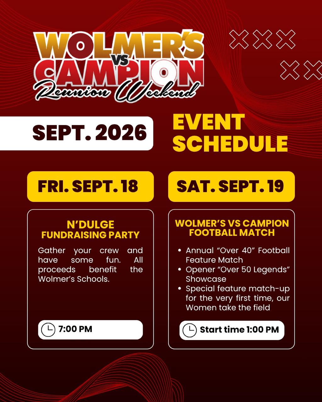 Age Quod Agis S.A.A. Wolmer’s vs Campion reunion weekend schedule, 18–19 September 2026.