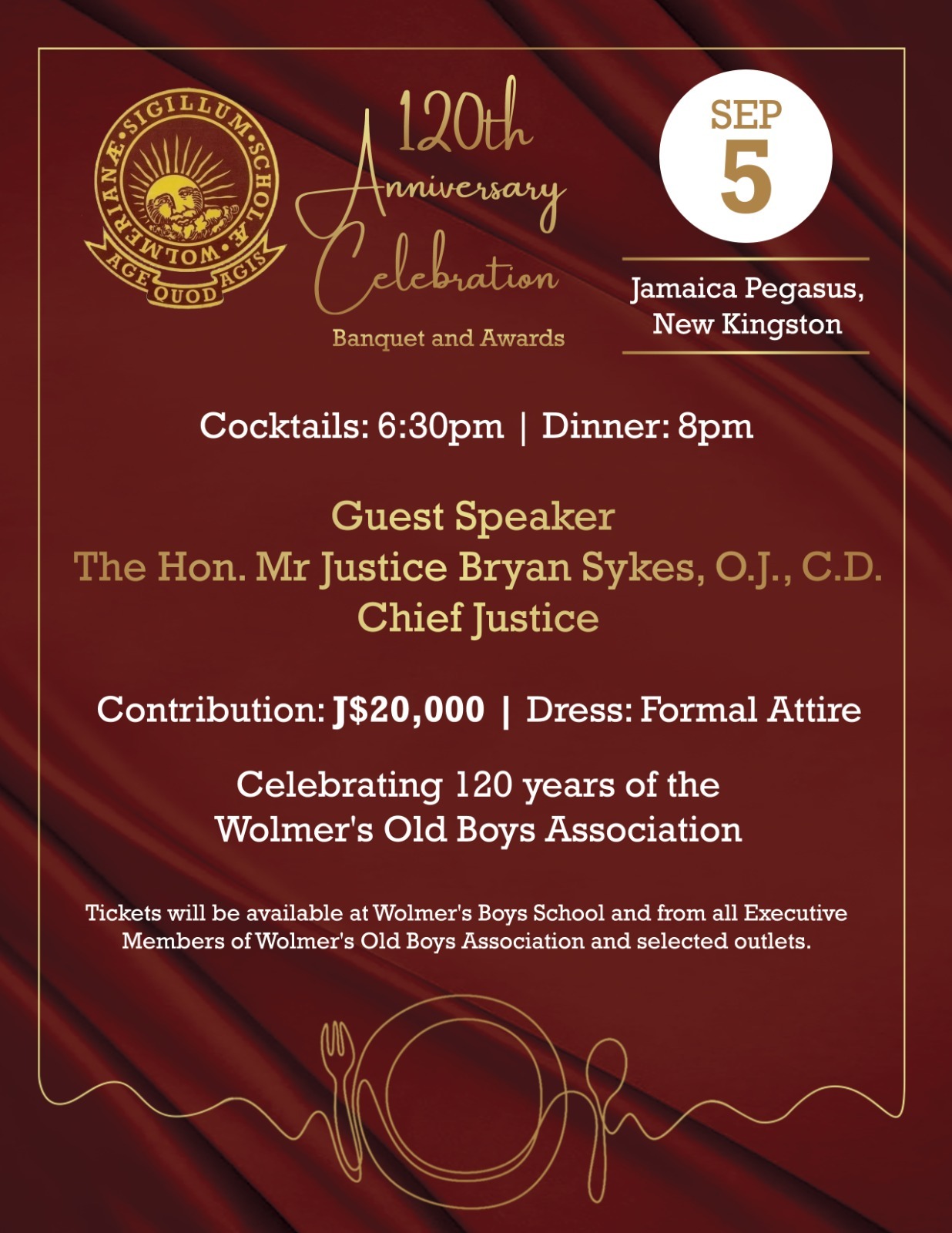 Flyer for the Wolmer’s Old Boys’ Association 120th Anniversary banquet. Jamaica Pegasus, 5 September 2026.