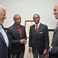 Rocky Meade with Hardley Lewin, Antony Anderson and Milton Samuda. Photo: Aston Spaulding / Jamaica Observer