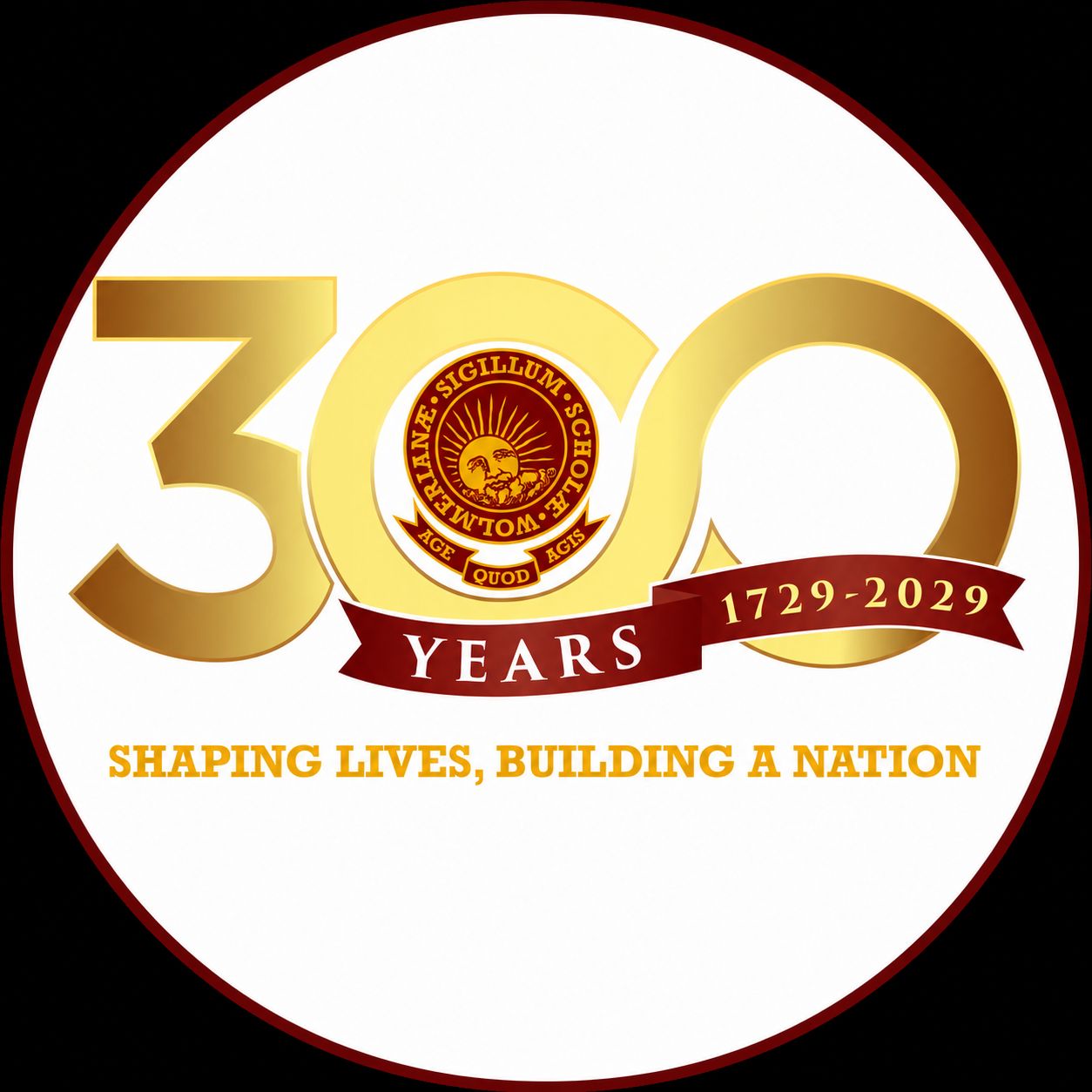 Winning 300th anniversary mark: gold 300 with the Wolmer’s seal in the first zero, a maroon YEARS 1729–2029 ribbon, and the line Shaping Lives, Building a Nation.