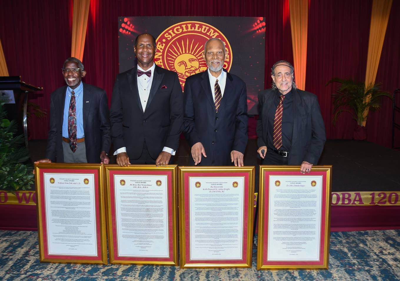 Four of six gold awardees at the WOBA 120th anniversary banquet. From left: Professor Evan Dale Abel, Bruce James, KD Knight and Dr John Royes. Photo: Naphtali Junior / Jamaica Observer, 10 September 2026.