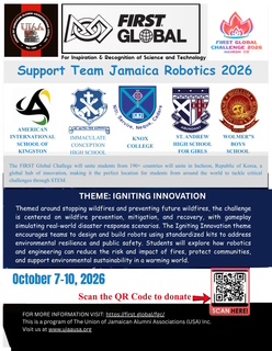 Support Team Jamaica Robotics 2026 flyer published by NY Carib News. It names the American International School of Kingston, Immaculate Conception High School, Knox College, St Andrew High School for Girls, and Wolmer’s Boys’ School for the FIRST Global Challenge in Incheon, South Korea, 7–10 October 2026.