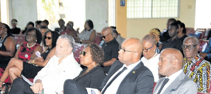 Minister of Culture, Entertainment and Sport Olivia Grange (third right) is seen among mourners at the thanksgiving service for the life of Balford Henry on Saturday along with (from right) St Andrew North Western Member of Parliament (MP) Duane Smith, St Andrew North Central MP Delano Seiveright, and Senate President Tom Tavares-Finson. The funeral was held at Kencot Christian Fellowship in St Andrew. Jamaica Observer, October 11, 2026.