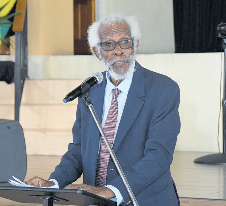 Clarence Brodie, former president of the Press Association of Jamaica, delivers a tribute during the thanksgiving service for the life of Balford Henry held at Kencot Christian Fellowship in St Andrew on Saturday. Jamaica Observer, October 11, 2026.